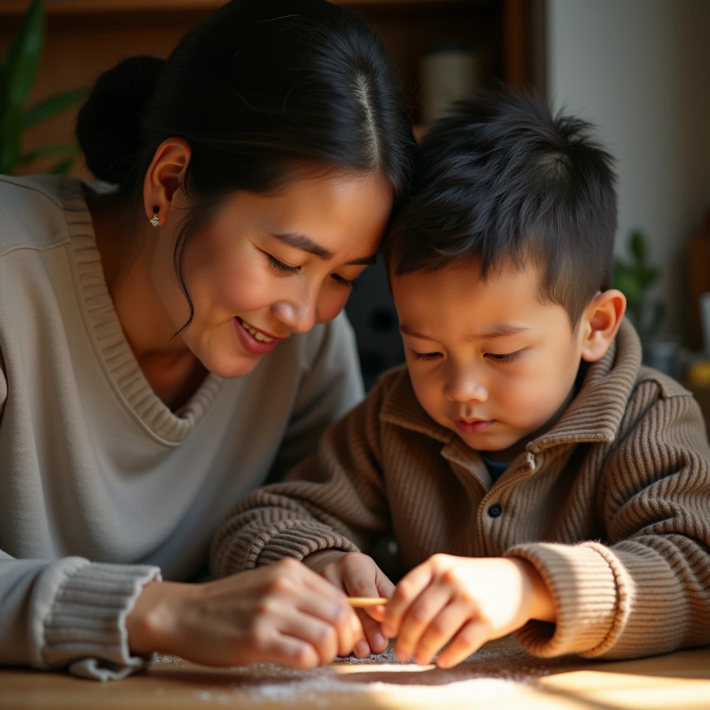 image of mother and son teaching him some skill with eyes with excellent definition and with a thinking face and as realistic as possible