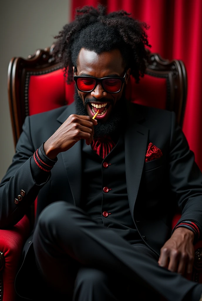 tall black man. 1 meter and 90 with curly hair with braids with ponytail and with a black suit with red details on the suit with an evil face with vampire fangs showing and large appearing he is wearing black glasses with transparent red lenses he will be on a throne with his leg crossed with one hand stretching his mouth and showing his fangs Fangs of the larger teeth much larger and he will be with a toothpick 