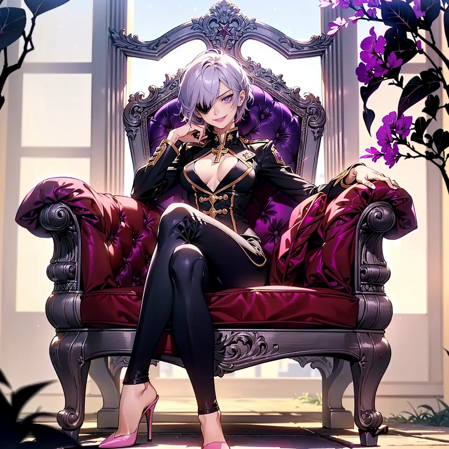 (1girl, Alone, alone), (najenda, short hair, (purple eyes:1.3), grey hair, eyepatch, single mechanical arm, Silver Hair,Short Hair, lilac eyes), ((Alone, (1woman,pink lipstick ), extremely detailed , Soft ambient lighting, 4K, perfect eyes, a perfect face, Perfect Lighting, the 1 girl)), ((fitness, , shapely body, athletic body, toned body)) ,(Confused, High resolution, (field, smug, smug smile), Very detailed), 1female, Bright eyes,White and blue military uniform, black pants, dress pants,24th generation,beauty,mature,thin,quiet,Calm,A small smile, In front of people you like,Long coat,Slender and thin,boots,skinny pants,Sea at dawn,Small breasts, ((fitness, , shapely body, athletic body, toned body)), ((sitting on a throne, sitting cross-legged, legs crossed, high heels, mischievous, red lipstick, stiletto heels, fine jewelry, jacaranda))