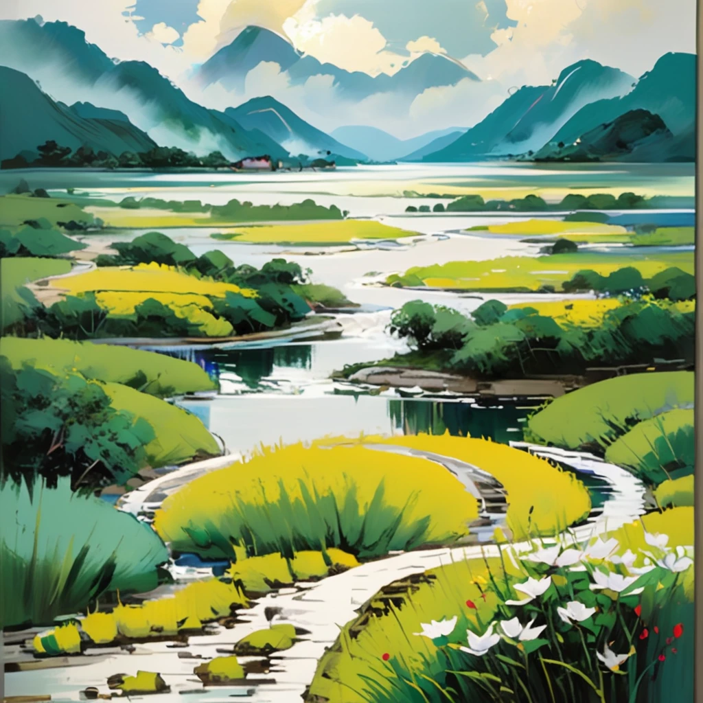 (aesthetic,extremely detailed,Wu-Guanzhong)oil painting of a serene landscape with vibrant colors,his signature brushstrokes, and meticulous attention to detail. The painting showcases a picturesque scenery, featuring majestic mountains, winding rivers, and lush vegetation. The composition is balanced and harmonious, with a serene atmosphere that evokes a sense of tranquility and contemplation. The color palette is vibrant and expressive, with bold brushwork capturing the essence of nature's beauty. The lighting in the painting is soft and diffused, casting gentle shadows and creating a sense of depth and dimension. The artist's unique style is evident in every brushstroke, creating a mesmerizing work of art that celebrates the beauty of the natural world. The painting is of the highest quality, with ultra-detailed elements that showcase the artist's masterful technique. The texture of the artwork is rich and tactile, inviting viewers to immerse themselves in its beauty. Wu Guanzhong's aesthetic vision and dedication to capturing the essence of the landscapes make this oil painting a true masterpiece.