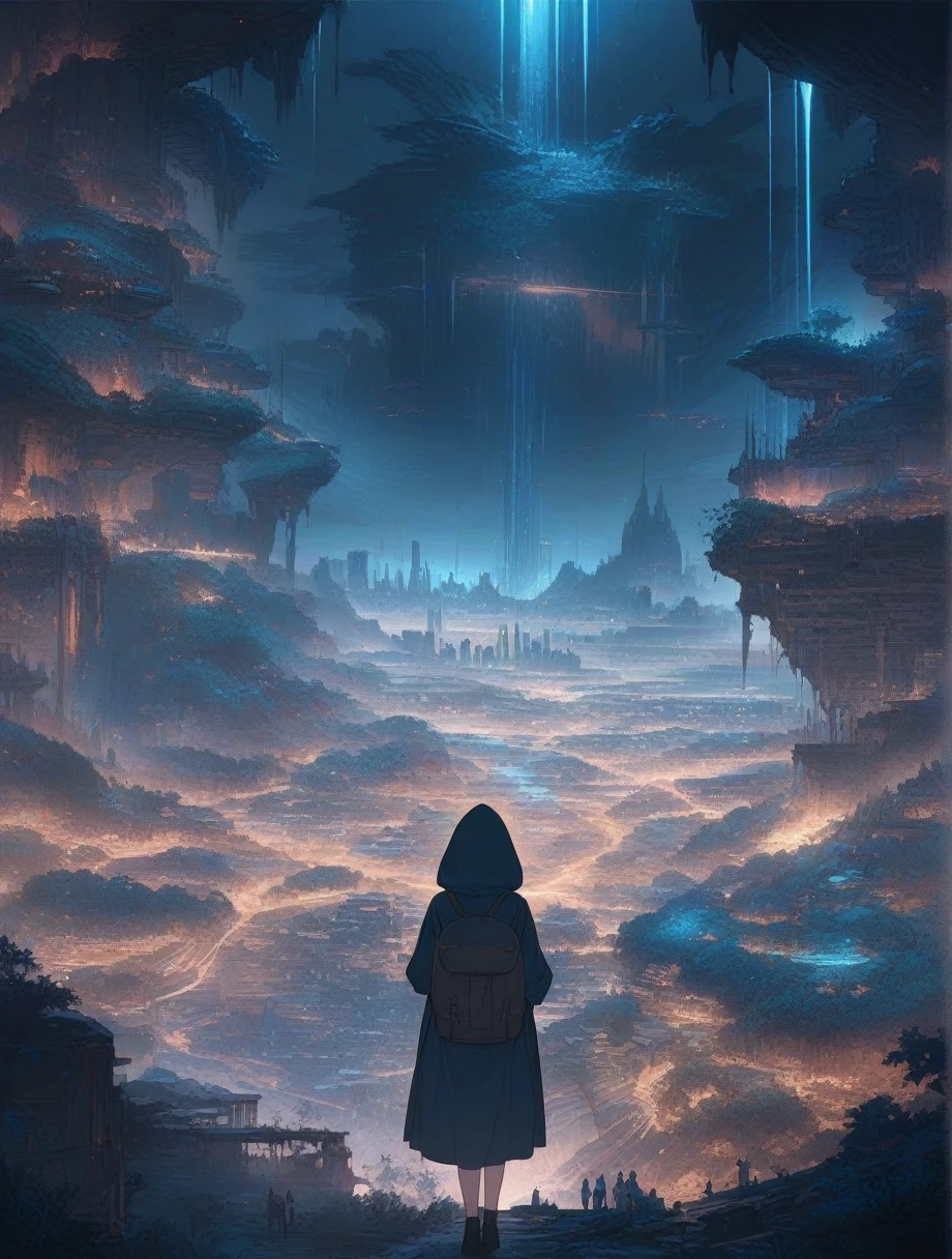 score_9, score_8_up, score_7_up, score_anime, masterpiece, best quality, delicate illustration, sharp line, sharp focus, BREAK,Traveler girl wandering in the ruins of endless night, the girl is wearing a hood, a lot of baggage in her backpack.,Night, future city, fantastic landscape, beautiful scenery, harmony with nature, spectacular view, machine city