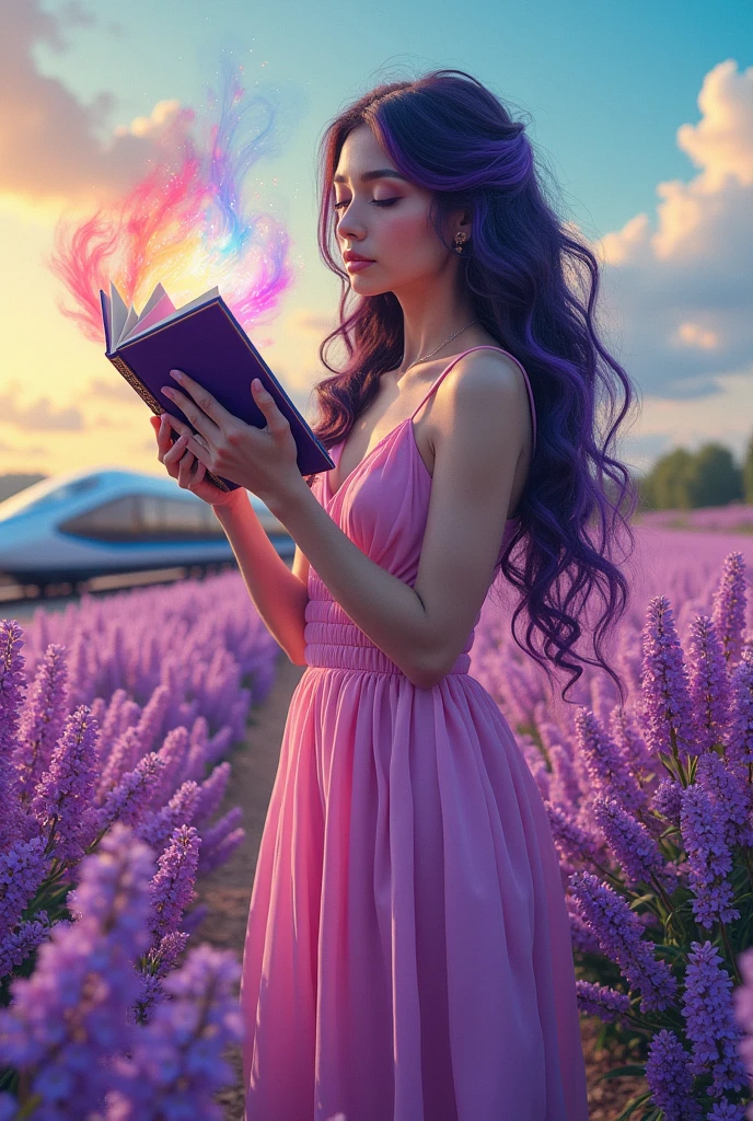 a very beautiful sexy attractive model with unique purple and black mixed long hair, wearing a long pink dress that is super slim and tight showing off her sexy and gorgeous body, she holds a magic book with colorful waves floating around the book. She is very beautiful and sexy and is in a unique colorful lilac field of orange yellow blue purple white red, with a modern high-speed train on the tracks in the background. The sky is clear with peaceful clouds and the overall mood of the image is dreamy and serene. The woman seems to be absorbed in looking at the magic book, with her eyes closed and a serene expression, mixed media and watercolor, artistic masterpiece, fantasy, super sharp overall, superb resolution