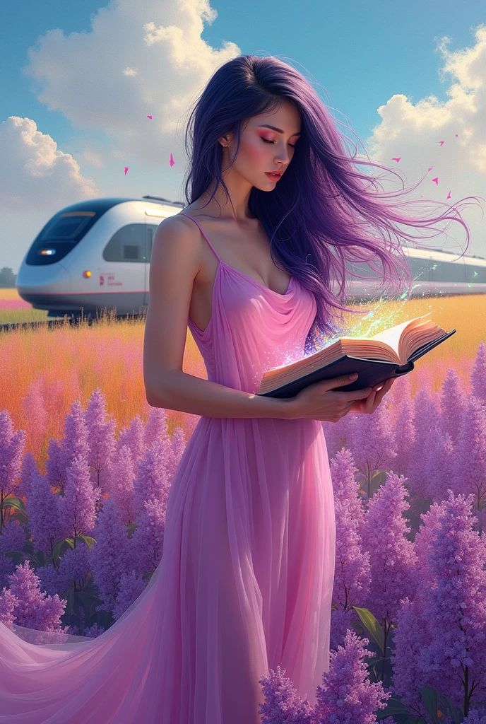 a very beautiful sexy attractive model with unique purple and black mixed long hair, wearing a long pink dress that is super slim and tight showing off her sexy and gorgeous body, she holds a magic book with colorful waves floating around the book. She is very beautiful and sexy and is in a unique colorful lilac field of orange yellow blue purple white red, with a modern high-speed train on the tracks in the background. The sky is clear with peaceful clouds and the overall mood of the image is dreamy and serene. The woman seems to be absorbed in looking at the magic book, with her eyes closed and a serene expression, mixed media and watercolor, artistic masterpiece, fantasy, super sharp overall, superb resolution