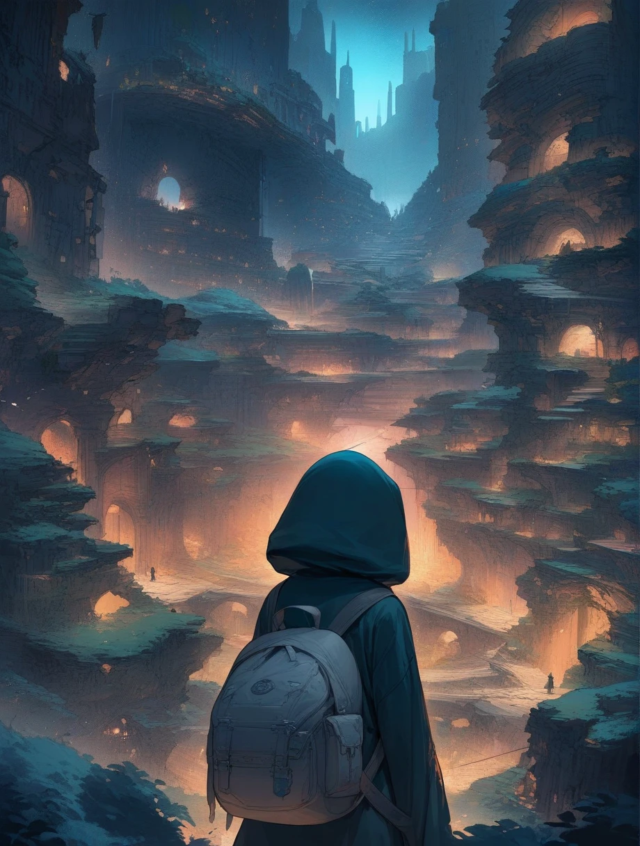 score_9, score_8_up, score_7_up, score_アニメ, masterpiece, best quality, delicate illustration, sharp line, sharp focus, BREAK,Traveler girl wandering in the ruins of endless night, the girl is wearing a hood, a lot of baggage in her backpack., night、City of the Future、Fantastic landscape、Beautiful Landscape、Harmony with Nature、Spectacular views、Machine City