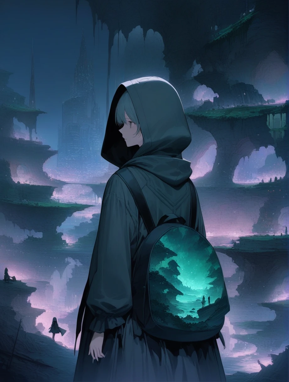score_9, score_8_up, score_7_up, score_アニメ, masterpiece, best quality, delicate illustration, sharp line, sharp focus, BREAK,Traveler girl wandering in the ruins of endless night, the girl is wearing a hood, a lot of baggage in her backpack., night、City of the Future、Fantastic landscape、Beautiful Landscape、Harmony with Nature、Spectacular views、Machine City