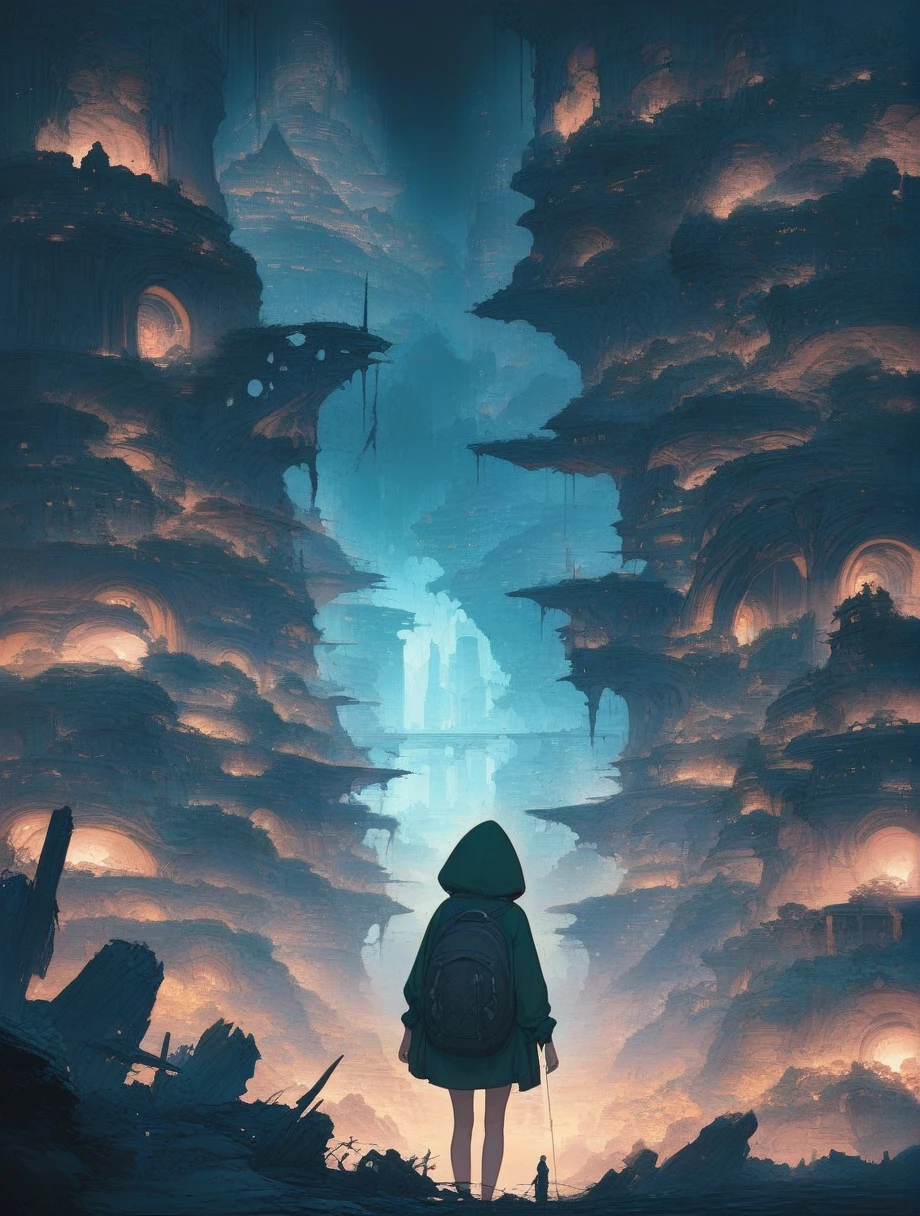 score_9, score_8_up, score_7_up, score_アニメ, masterpiece, best quality, delicate illustration, sharp line, sharp focus, BREAK,Traveler girl wandering in the ruins of endless night, the girl is wearing a hood, a lot of baggage in her backpack., night、City of the Future、Fantastic landscape、Beautiful Landscape、Harmony with Nature、Spectacular views、Machine City