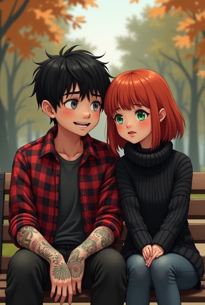 Two people sitting on a park bench, Black haired boy with his arms full of tattoos, a red plaid shirt,grey eyes. sitting two meters away next to a red-haired girl with green eyes and lots of freckles, She is dressed in a thick black sweater, She has an annoyed and blushing expression. and the boy is smiling.