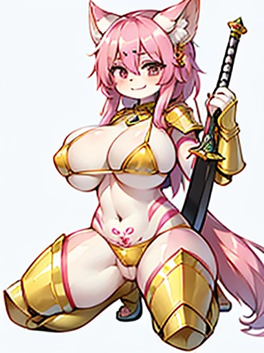 Busty pink female オーガ, Fluffy pink hair. Wearing simple and stylish golden bikini armor. . Kneeling and squatting,Armed with a sword and shield,Expression smile,Large Breasts,Pure white background,Very Very Intricate Uterus Tattoo
