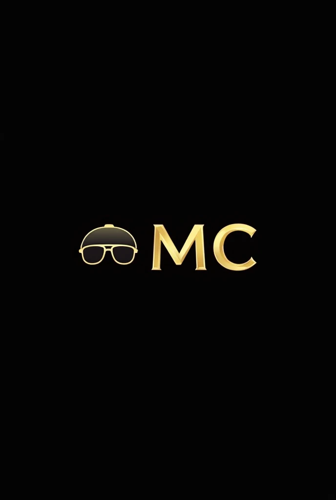 Minimalist logo with glasses and cap, with golden MC letters on a black background