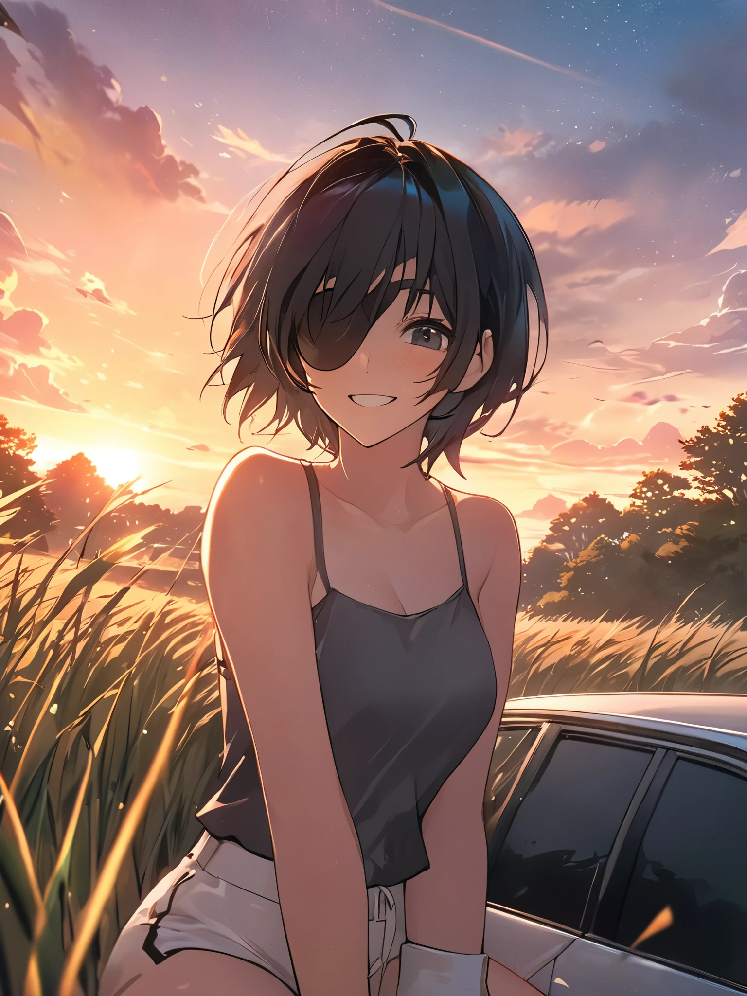 A girl, himeno from chainsaw series,(upper body: 1.8), attitude smiling, anime landscape of A pearl super sunny, Red classic 1993 BMW E30 318i sport sits in a field of tall grass with a sunset in the background.character must be sitting on the car, half pants, white sneakers,beautiful anime scene, beautiful anime peace scene, Makoto Shinkai Cyril Rolando, beautiful anime scene, amazing wallpaper, anime art wallpaper 8k, anime background, artistic anime background, anime wallpaper 4k, anime art 4k wallpaper, anime wallpaper art 4k