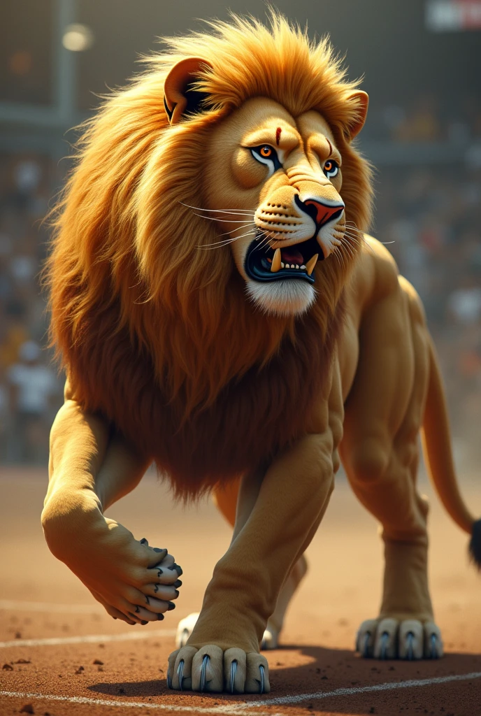 A scary lion running in show with fully blood in mouth