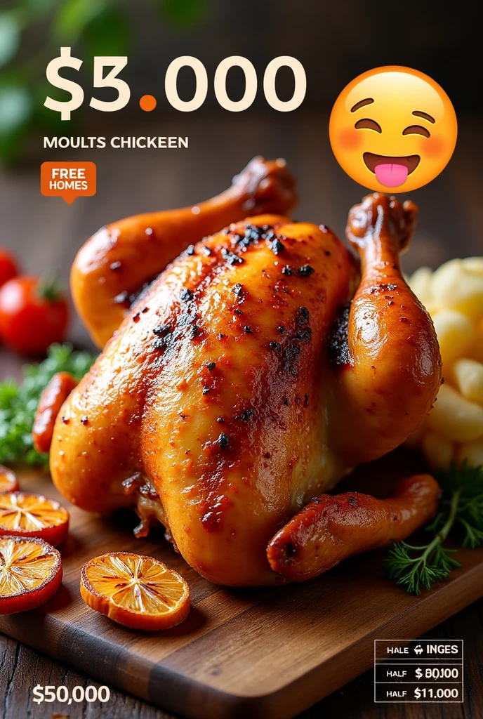 Make a poster containing the following: *Grilled chicken* 🤤🍗
1 whole chicken accompanied with a bun $35.000
1/2 chicken $20.000
1/4 chicken $11.000 Free Homes