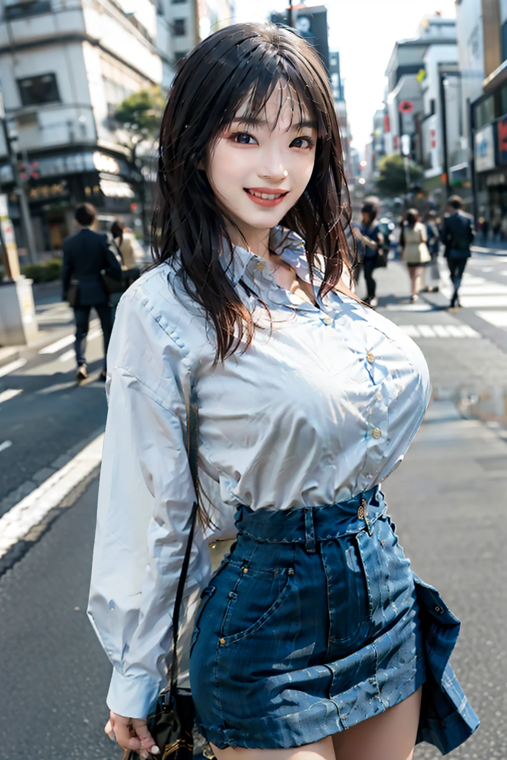 1girl, on the street, Japanese teenager, white tight button down white collared business-shirt, navy blue low rise miniskirt, both hands behind, very huge breasts, boyish hair, very thin waist, Look at me and smile, view from below angle,