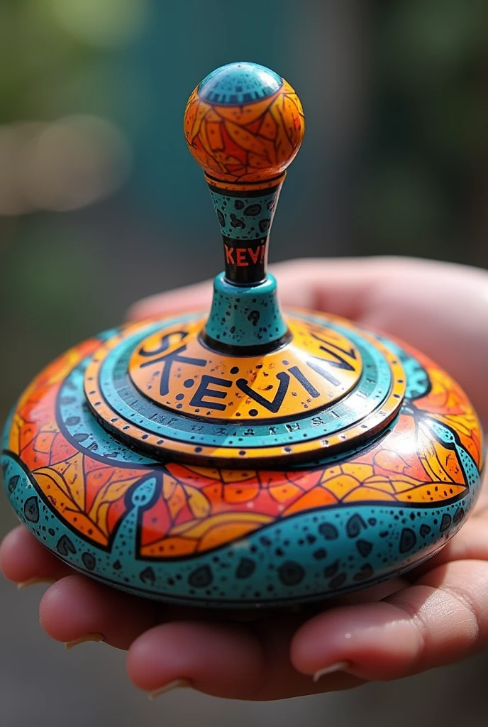 Colorful plastic spinning top toy with the name Kevin, nice spinning top that is not shaped like a comma, that is bigger, not shaped like a saucer, that is like one of the cool spinning top brands that they sell in Mexico, always with the name Kevin.
