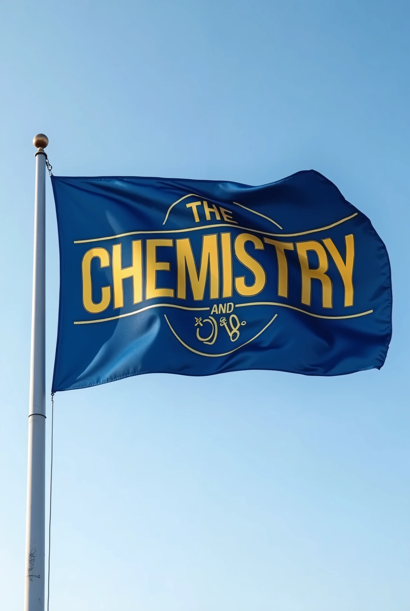 A flag of blue and gold, that has written "CHEMISTRY ING"