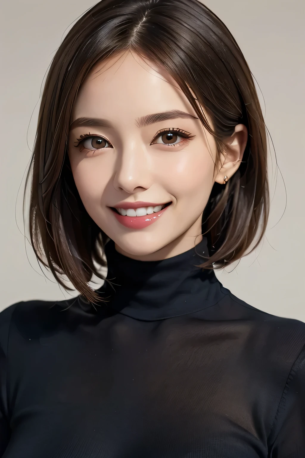 ((masterpiece)), ((Highest quality)), ((Complex)), ((Surreal)), (Realistic), (Mature Woman), ((No classes)), Very detailed, (1 female), Beautiful and exquisite, (Beautiful Teeth), Grin, Brunette bob hair, Brown eyes, ((Blue turtleneck)), (Upper Body), (background:none), Perfect Eyes, Captivating eyes, Looking at the audience