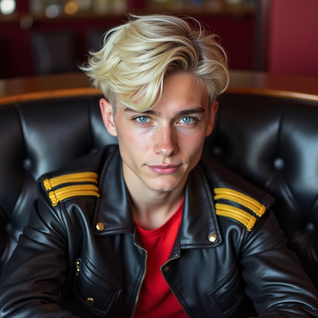 photograph head shot, attractive teen 22 year-old male model, very short layered platinum blond hair with side swept bangs, skinny svelte body, incredulous smirking expression, almond shaped eyes, very pale skin tone, black leather jacket with yellow accents on shoulders, red shirt, inside private night club alone, sitting in leather seat