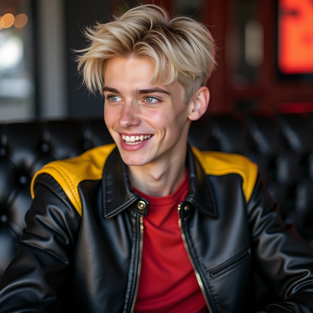 photograph head shot, attractive teen 22 year-old male model, very short layered platinum blond hair with side swept bangs, skinny svelte body, incredulous smirking expression, almond shaped eyes, very pale skin tone, black leather jacket with yellow accents on shoulders, red shirt, inside private night club alone, sitting in leather seat