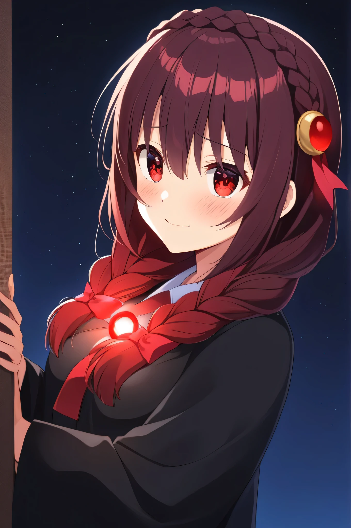 alone, One person, Yunyun, (Mouth open)、 (Embarrassed look:1.8)、Crown braids of the same color as your hair, (Glowing red eyes:1.8)、(eyes shine red:1.8)、hair ornaments,(Blue kimono and red obi、Starry Sky、(Eyes glowing red in the darkness:1.8)