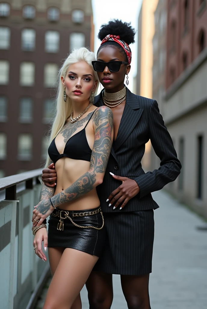 Two russian old milf women: the dominant aggressive dark skinned black woman in business pinstripe cropped blazer, pinstripe pencil skirt and white silk blouse, long nails and afro hair, standing up with separated legs and possessive stance showing off her new white girlfriend to the camera with her hands on her girlfriend's waist and grabbing her arm. Next to her, her white rich drunk girlfriend looks at the camera (white woman is very pale: pale face, pale neck, pale chest, pale arms, pale hands, pale stomach, pale leg), white woman stretches her neck and looks at the camera. White woman leans on her girlfriend . White woman stands up with separated legs. White woman wears low rise back sequins mini skirt and black silk stockings, platinum blonde hair (pouf, top bun, saved sides, wide colourful bandana as headband) and the white woman wears oversized square maxi sunglasses. Big lips with no makeup. White woman Black sequins push up bra. Barefoot.. white woman wears a Lot of thick metallic bracelets in the wrists and big pearl necklaces around the neck. White woman wears Wide loose studded belt with big solid buckle. Loose chains around the hips of the white woman. White woman is leaning back on her girlfriend.. The white woman is densely tattooed on neck, tattoed chest, tattoed stomach, tattoed legs, wrists and feet. White woman has well Toned abdominals, thin neck, slim legs and thin arms. White woman has Narrow hips and noticeable tigh gap. The body of the white woman is twisted in a lazy pose .in the balcony of a skyscraper in nyc