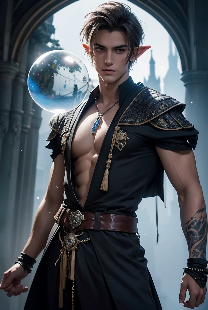  boy, handsome, with blue and red hair, (shirtless), with tattoos, in Egyptian clothes, (with magic green necklace with luminous green stones), (with bracelets with luminous green stones), standing With open hands, cinematic scene (rivers hanging in the air in the background)