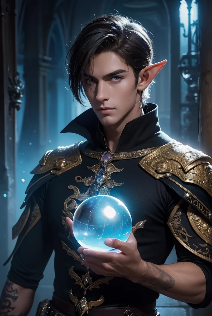Absurdres, Masterpiece, Excellent, a tall handsome muscular young elf, solo, perfect facial features, (short hairstyle:1.5), sexy gaze, beautiful, gorgeous, wet, digital painting, (wizard), slimming, gray pupils, (floating crystal ball), wizard outfit, relax, detailed background, Fantasy, Magical, Mystical, Ethereal, Unique Style, Surreal, Symbolic, magical tattoos, looking at the viewers romantically,