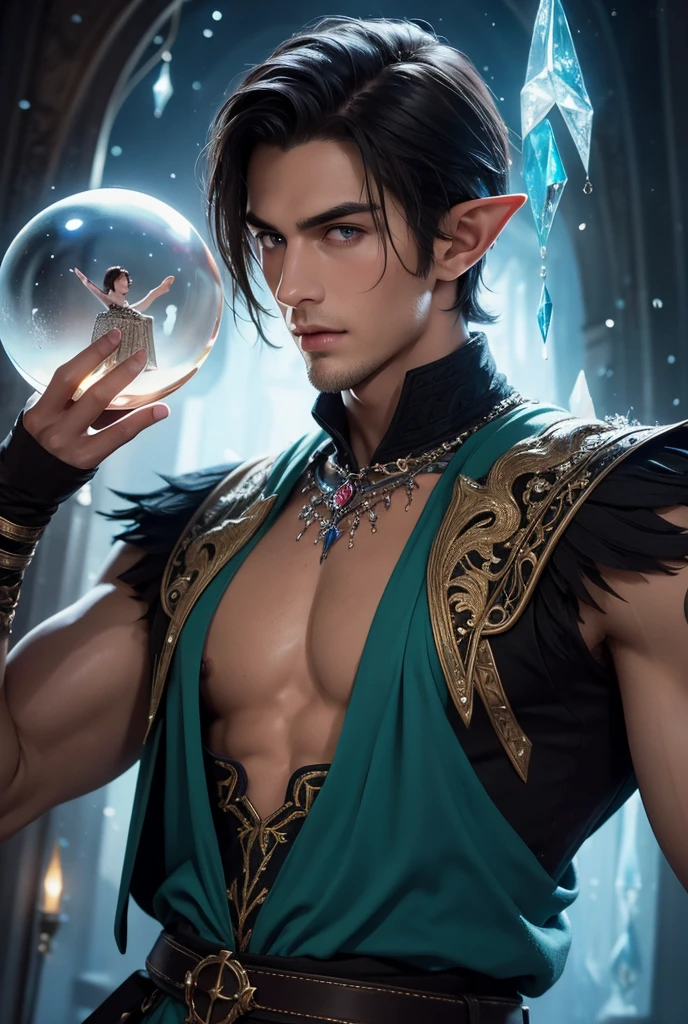 Absurdres, Masterpiece, Excellent, a tall handsome muscular young elf, solo, perfect facial features, (short hairstyle:1.5), sexy gaze, beautiful, gorgeous, wet, digital painting, (wizard), slimming, gray pupils, (floating crystal ball), wizard outfit, relax, detailed background, Fantasy, Magical, Mystical, Ethereal, Unique Style, Surreal, Symbolic, magical tattoos, looking at the viewers romantically,
