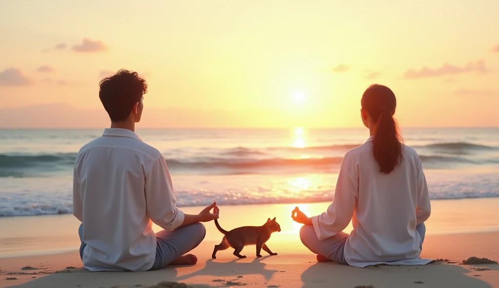 2 Asian people sitting on the fine sand of a deserted beach at dawn, meditating as the sun begins to rise on the horizon. next to her, your cat gently plays with the waves that come and go, reflecting the soft light of the rising sun, creating a moment of harmony between nature, who is an animal.