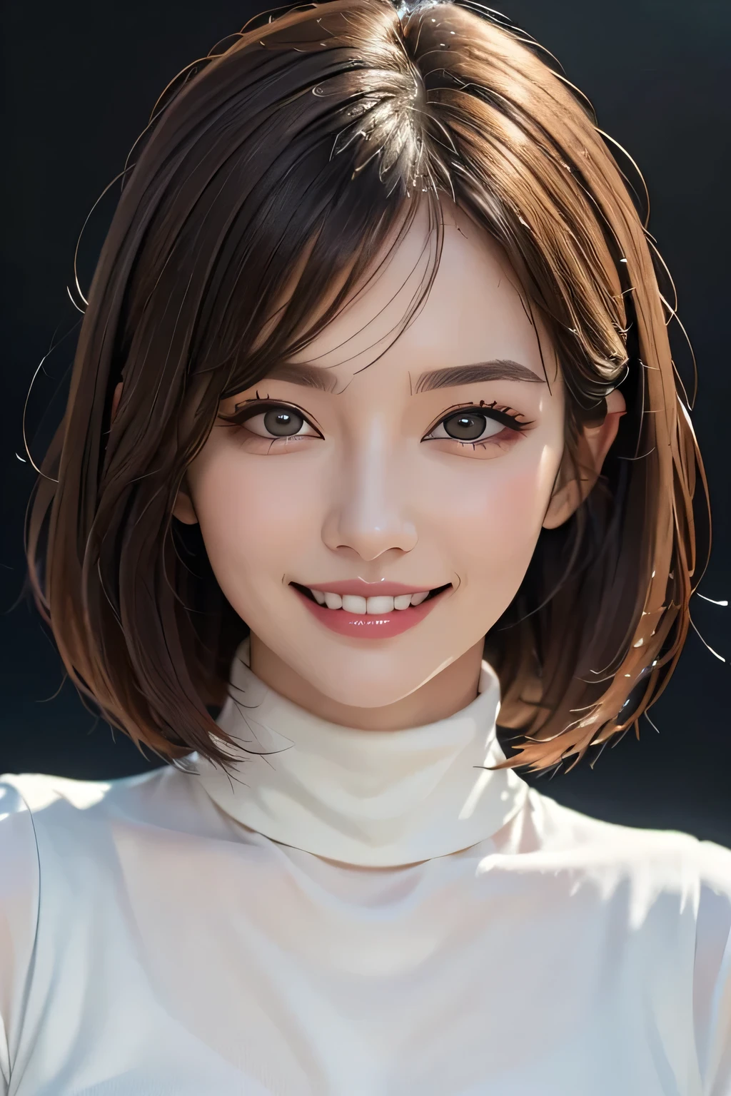 ((masterpiece)), ((Highest quality)), ((Complex)), ((Surreal)), (Realistic), (Mature Woman), ((No classes)), Very detailed, (1 female), Beautiful and exquisite, (Beautiful Teeth), Grin, Brunette bob hair, Brown eyes, ((Blue turtleneck)), (Upper Body), (background:none), Perfect Eyes, Captivating eyes, Looking at the audience