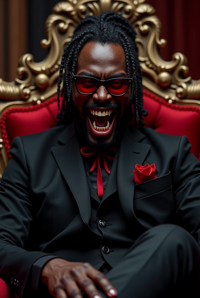 tall black man. 1 meter and 90 with curly hair with braids with ponytail and with a black suit with red details on the suit with an evil face with vampire fangs showing and large appearing he is wearing black glasses with transparent red lenses he will be on a throne with his leg crossed with one hand stretching his mouth and showing his fangs Fangs of the larger teeth much larger and he will be with a toothpick