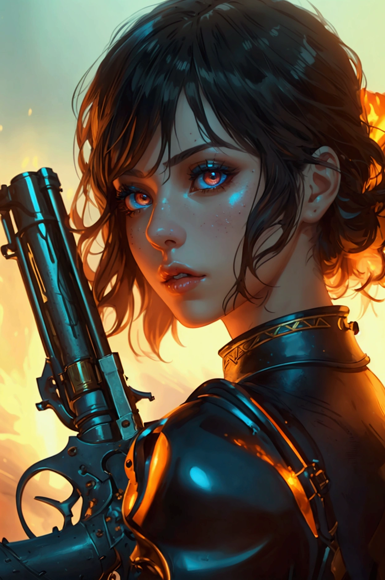 A girl, holding a slightly oversized laminated flamethrower, detailed portrait, beautiful detailed eyes, beautiful detailed lips, extremely detailed face and skin, long eyelashes, detailed clothing, detailed weapon, cinematic lighting, epic fantasy, highly detailed, 8k, photorealistic, concept art style, warm color palette, dramatic lighting