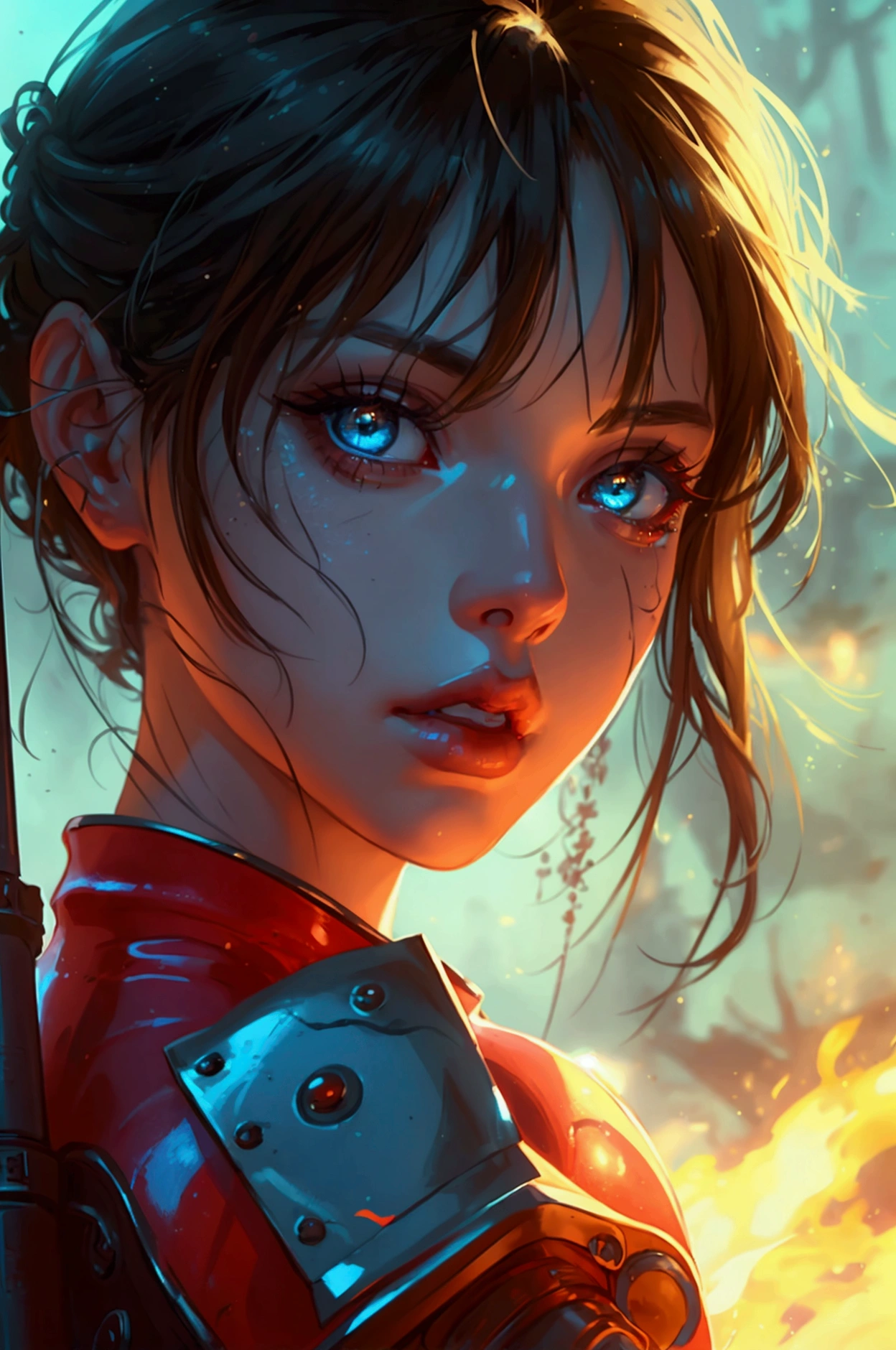 A  girl, holding a slightly oversized laminated flamethrower, detailed portrait, beautiful detailed eyes, beautiful detailed lips, extremely detailed face and skin, long eyelashes, detailed clothing, detailed weapon, cinematic lighting, epic fantasy, highly detailed, 8k, photorealistic, concept art style, warm color palette, dramatic lighting