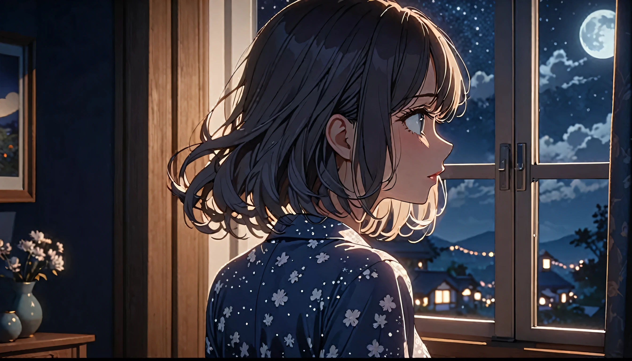 a girl in a bedroom, (looking out the window at the night sky:1.2), back shot, short hair, elegant detailed face, detailed eyes, detailed lips, long eyelashes, beautiful detailed skin, flowing hair, delicate facial features, wearing pajamas, serene expression, full moon night, soft lighting, cinematic, highly detailed, 8k, animetic, masterpiece