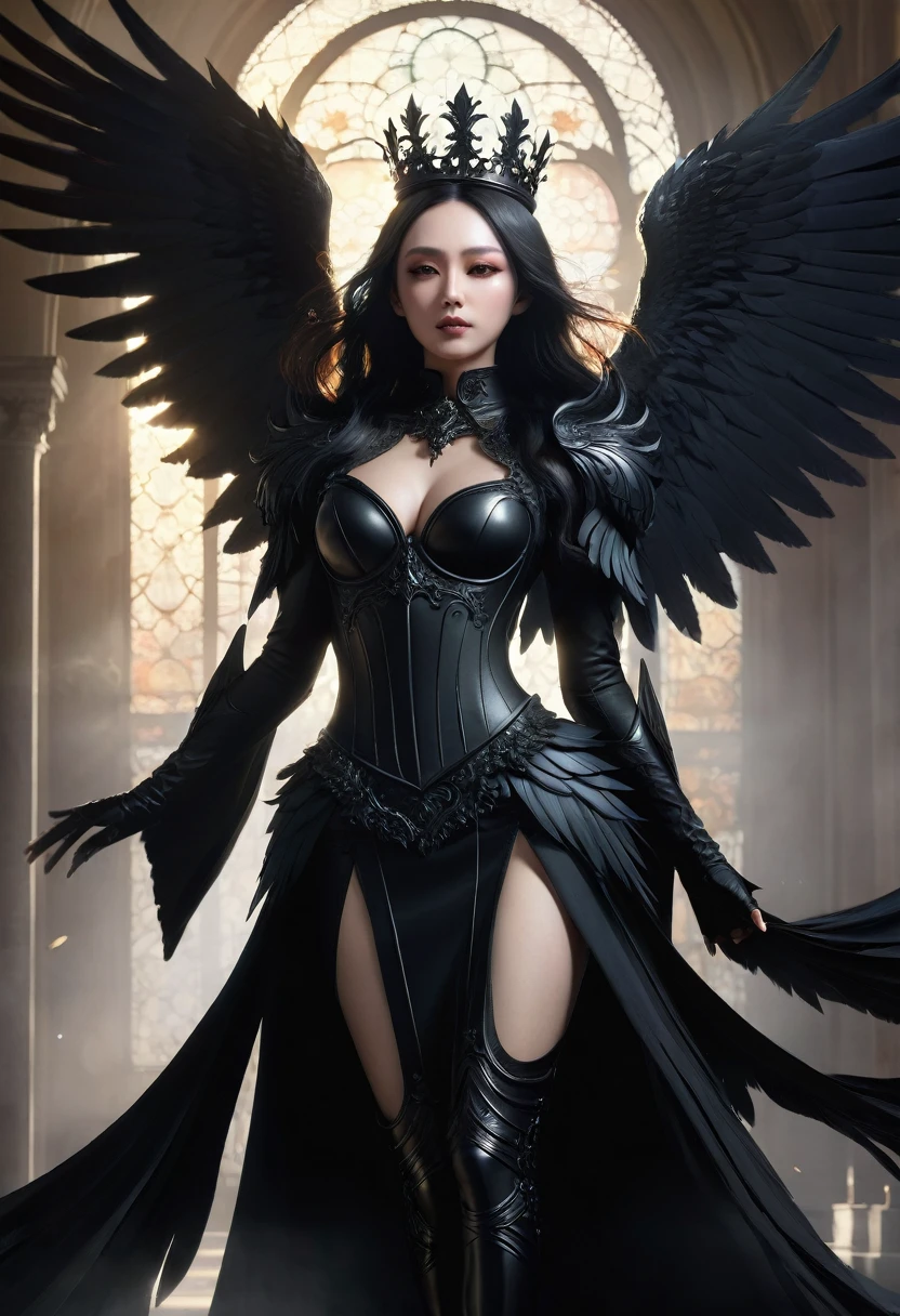 a woman with black wings and a crown on her head, digital art by Shen Zhou, cgsociety contest winner, gothic art, villainess has black angel wings, dark angel, angel knight gothic girl, as a mystical valkyrie, dark fantasy style, raven winged female vampire, angel with black wings, dark feathered wings, gothic fantasy art, black wings, 1girl, Solo, High Resolution, Long Hair, Looking at viewer, full body, Feet Out Of Frame, Masterpiece, Best Quality, Anatomically Correct, Lens Flare, Backlighting, 