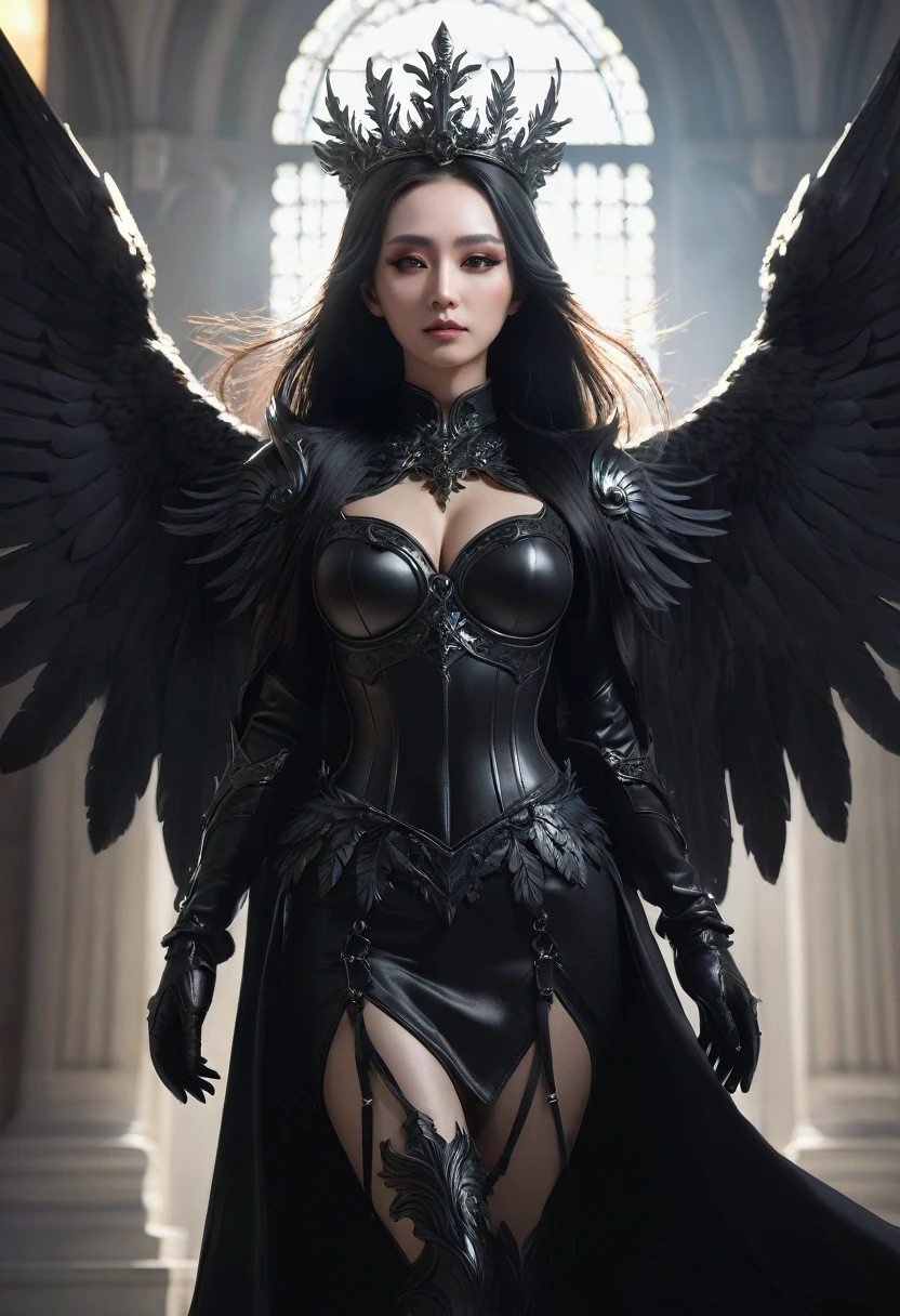 a woman with black wings and a crown on her head, digital art by Shen Zhou, cgsociety contest winner, gothic art, villainess has black angel wings, dark angel, angel knight gothic girl, as a mystical valkyrie, dark fantasy style, raven winged female vampire, angel with black wings, dark feathered wings, gothic fantasy art, black wings, 1girl, Solo, High Resolution, Long Hair, Looking at viewer, full body, Feet Out Of Frame, Masterpiece, Best Quality, Anatomically Correct, Lens Flare, Backlighting, 