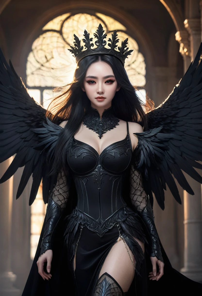 a woman with black wings and a crown on her head, digital art by Shen Zhou, cgsociety contest winner, gothic art, villainess has black angel wings, dark angel, angel knight gothic girl, as a mystical valkyrie, dark fantasy style, raven winged female vampire, angel with black wings, dark feathered wings, gothic fantasy art, black wings, 1girl, Solo, High Resolution, Long Hair, Looking at viewer, full body, Feet Out Of Frame, Masterpiece, Best Quality, Anatomically Correct, Lens Flare, Backlighting, 