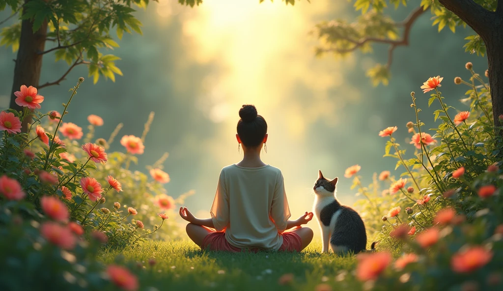 An Asian person meditating in a flower garden at dawn, surrounded by flowers and plants that glow in the morning light. Your cat is sitting next to you, looking at the flowers with curiosity, as the light of the rising sun illuminates both, highlighting the deep connection with the natural environment.