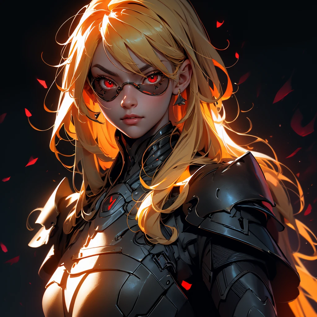 envision a 8k, highres, cinematic, beautiful close up portrait of a girl with pretty mature features with blonde hair, red eyes, goggles, black tight suit, fantasy armor, jrpg inspired armor, in dark lighting, against a dark gray background