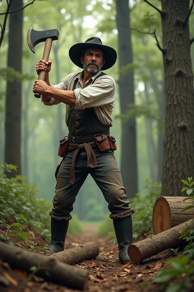 create the image of a farmer cutting trees with an axe, he is dressed in black boots, a white shirt and a black hat