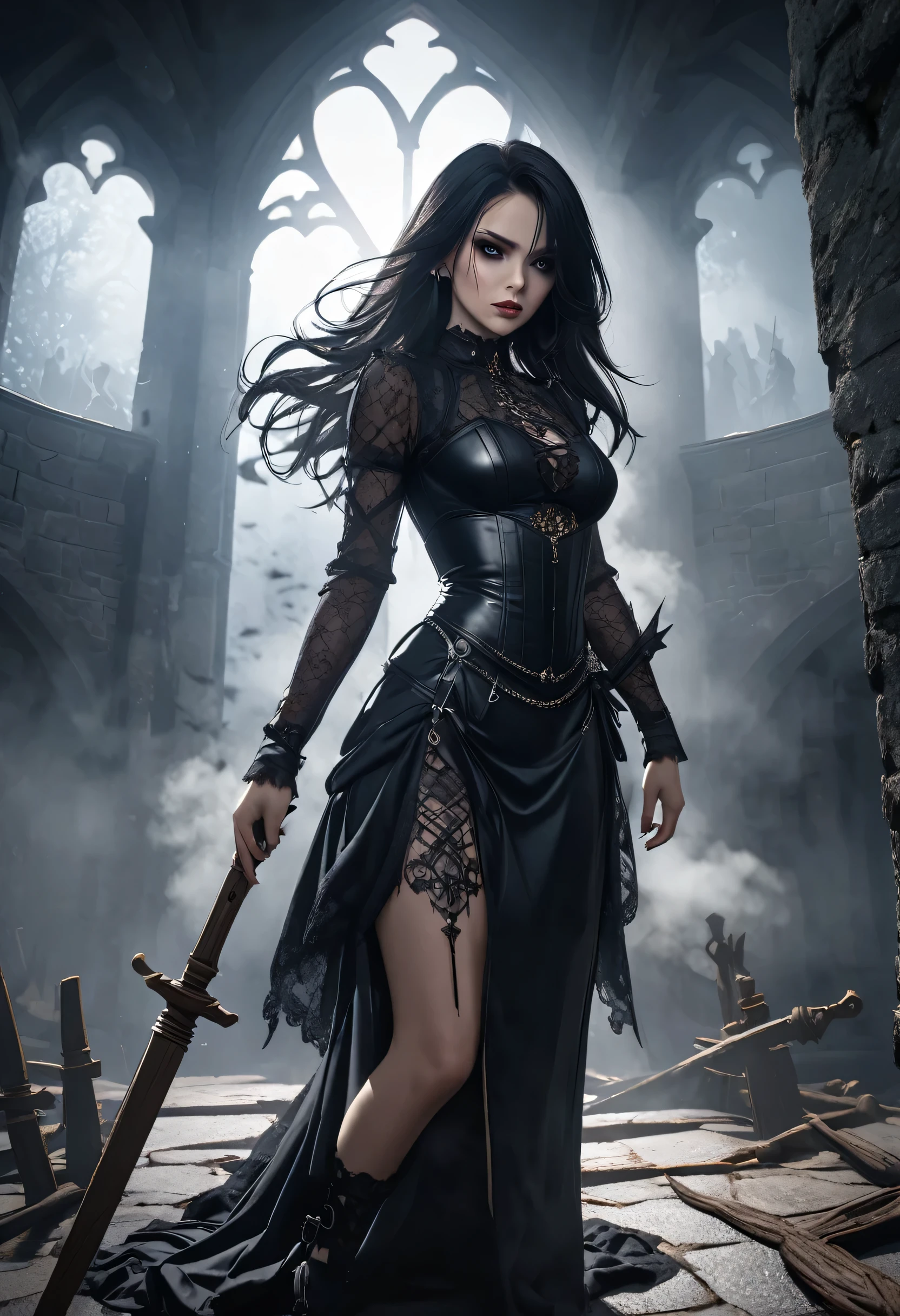 masterpiece, high quality, sharp focus, graveyard photo, an evil zombie woman, pale grey skin, evil look, perfect face, perfect jawline, textured skin, beautiful lips, grey eyes, cowboy shot, night time, cinematic lighting, hazy atmosphere, 8k, uhd, absurdres