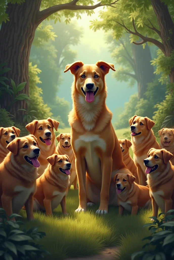 troop of 10 dogs with one in the middle being the alpha of all, the alpha commands the dog pack, and the one in charge is also a dog, make the troop thirsty for a banana, wizard