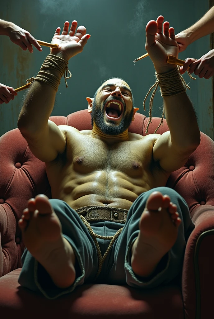 A handsome,Orc with abs tied to the sofa,Shoes taken off,Revealing two big bare feet,Both feet are locked in the foot,Feet raised,Soles facing forward,Five toes tied with rope in foot,His hands were tied tightly to one end of the sofa.,His upper body was stripped,Wearing only a pair of trousers,Being tickled by a man in a cap,His armpits were constantly tickled by feathers.,The soles of his feet were being scratched by two brushes.,The toes are also tickled by the feathers growing from the toes.。The abdomen is scratched with a brush,And he laughed,Struggling hysterically,Swinging his two feet,I want to escape from this nightmare.,But can only endure the punishment of being tickled。*(Have an expression of laughing like being tickled,Keep your feet elevated,The soles of your feet should face the screen)