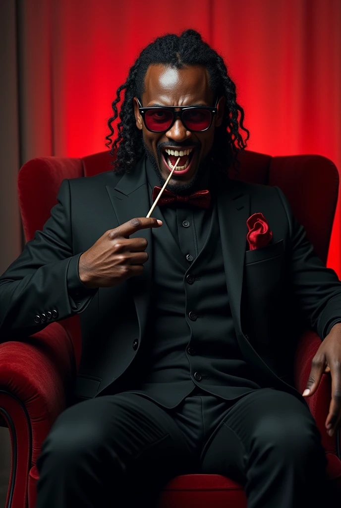 tall black man. 1 meter and 90 with curly hair with braids with ponytail and with a black suit with red details on the suit with an evil face with vampire fangs showing and large appearing he is wearing black glasses with transparent red lenses he will be on a throne with his leg crossed with one hand stretching his mouth and showing his fangs Fangs of the larger teeth much larger and he will be with a toothpick 