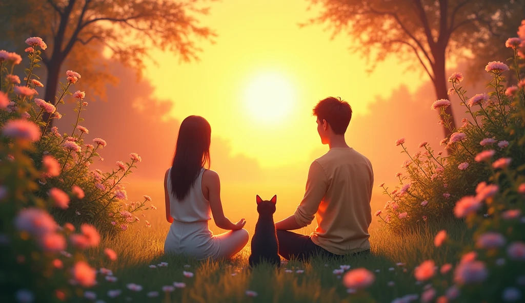 2 Asian person meditating in a flower garden at dawn, surrounded by flowers and plants that glow in the morning light. Your cat is sitting next to you, looking at the flowers with curiosity, as the light of the rising sun illuminates both, highlighting the deep connection with the natural environment.