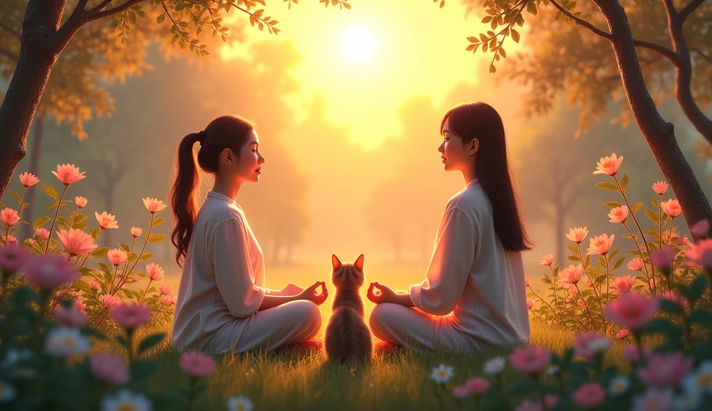 2 Asian person meditating in a flower garden at dawn, surrounded by flowers and plants that glow in the morning light. Your cat is sitting next to you, looking at the flowers with curiosity, as the light of the rising sun illuminates both, highlighting the deep connection with the natural environment.