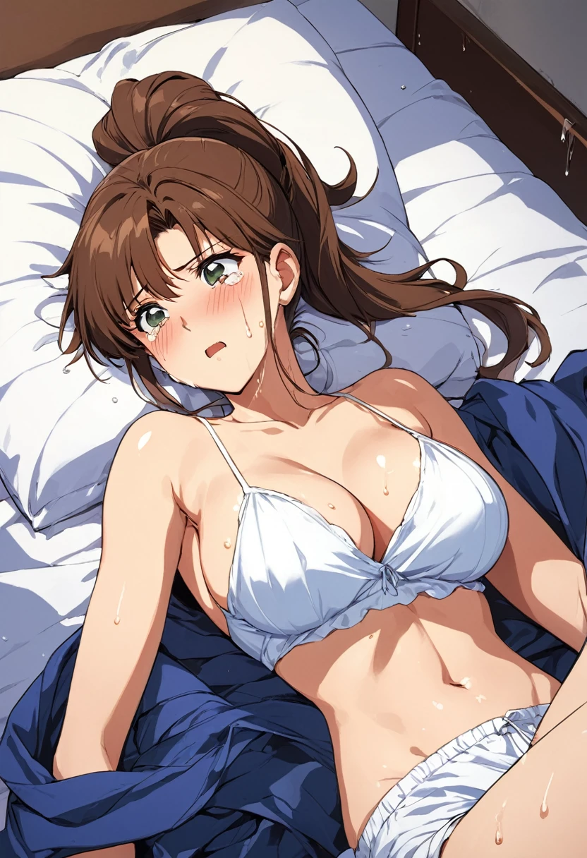 masterpiece, Highest quality, High resolution, (Makoto Kino),1990s \(style\),height: 175cm, Brown long hair,ponytail、 sexyな長い脚, Oversized camisole,No bra,Shorts, Bedroom,(E-cup beautiful breasts)、Sweating all over the body、Muscular、(sexy)、(Face writhing in pleasure)、Sweaty、Configuration from the front、Shyness、blush、(Climax)、(Crying face),look up,Anime-style painting style,Composition focusing on the upper body、Lying on your back,sex