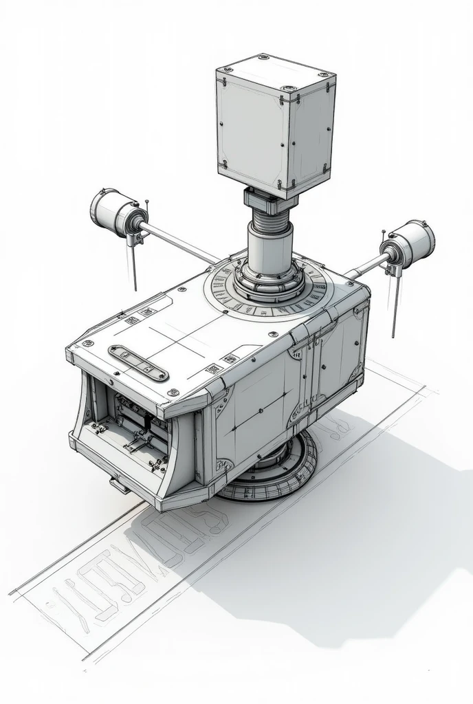 Make a drawing of isogrpahic and orthographic view of the invention drainage solution that looks like an automated drain/gutter cleaner. Label its parts. Include a sensor rotary motion and a garbage collecting function. Make it a sketch and the machine must be practical and not too futuristic
