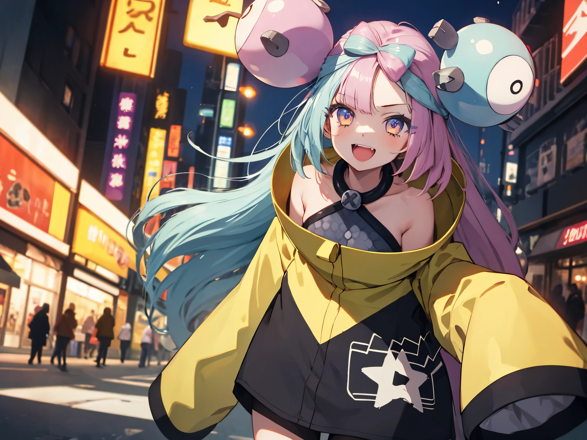 masterpiece, Highest quality, Perfect Face, Highest Resolution, Highest quality,Detailed depiction of the eyes, 8k, One Girl, Long Hair, Yellow Jacket, Long sleeve, hair ornaments, Future City, neon street, laugh