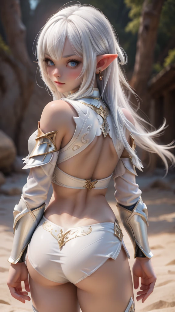 Ariel, upper body portrait, elf, white hair, beautiful, cute skimpy fantasy armor, warrior, midriff, fit, white hair, cowboy shot, rear view looking back, desert background, realistic fantasy ,concept art