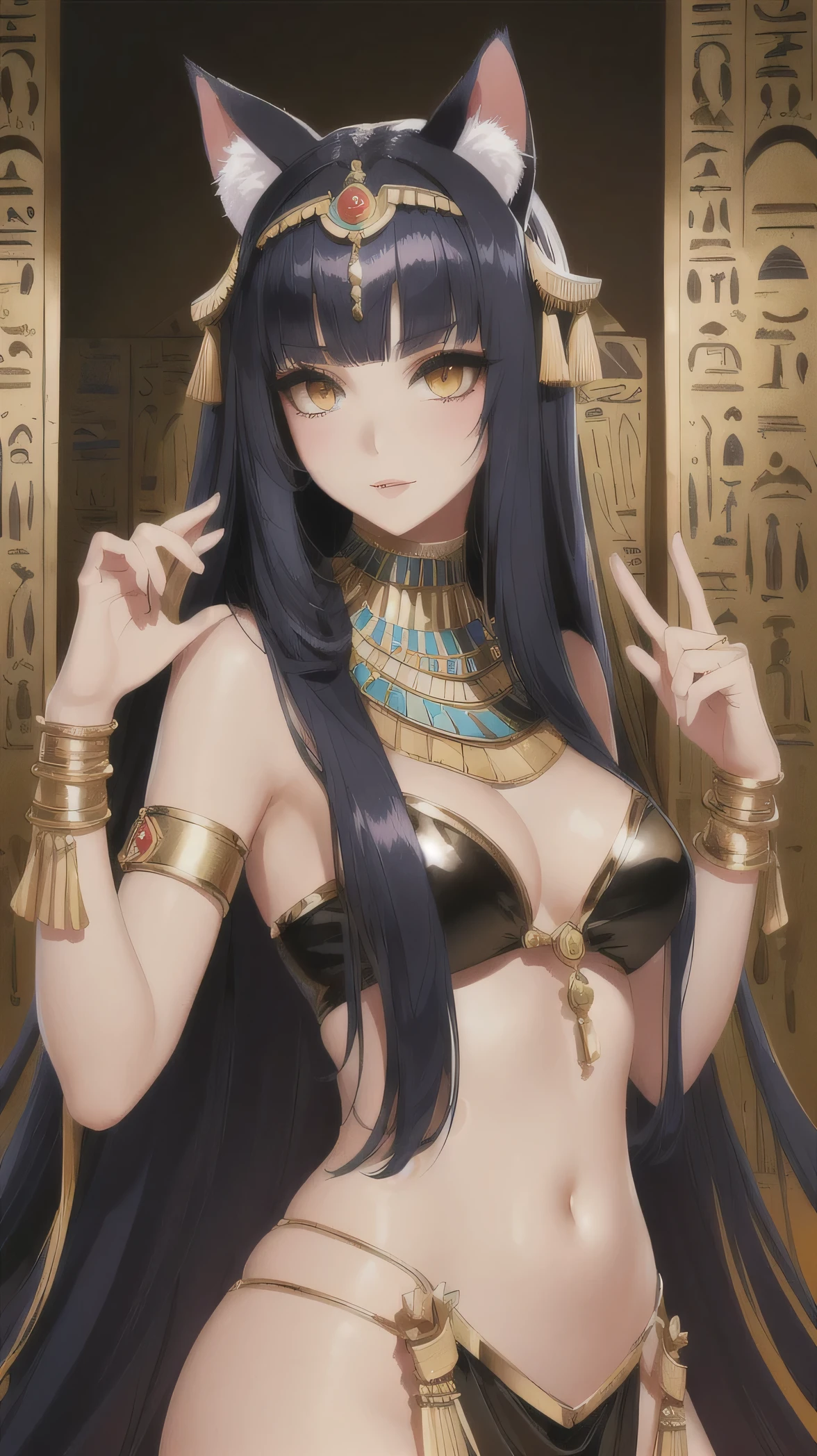High resolution, Beautiful woman like Cleopatra、Cat-type beastman、One girl, Animal ears, accessories, Very long hair, Textured skin, Egyptian-style makeup